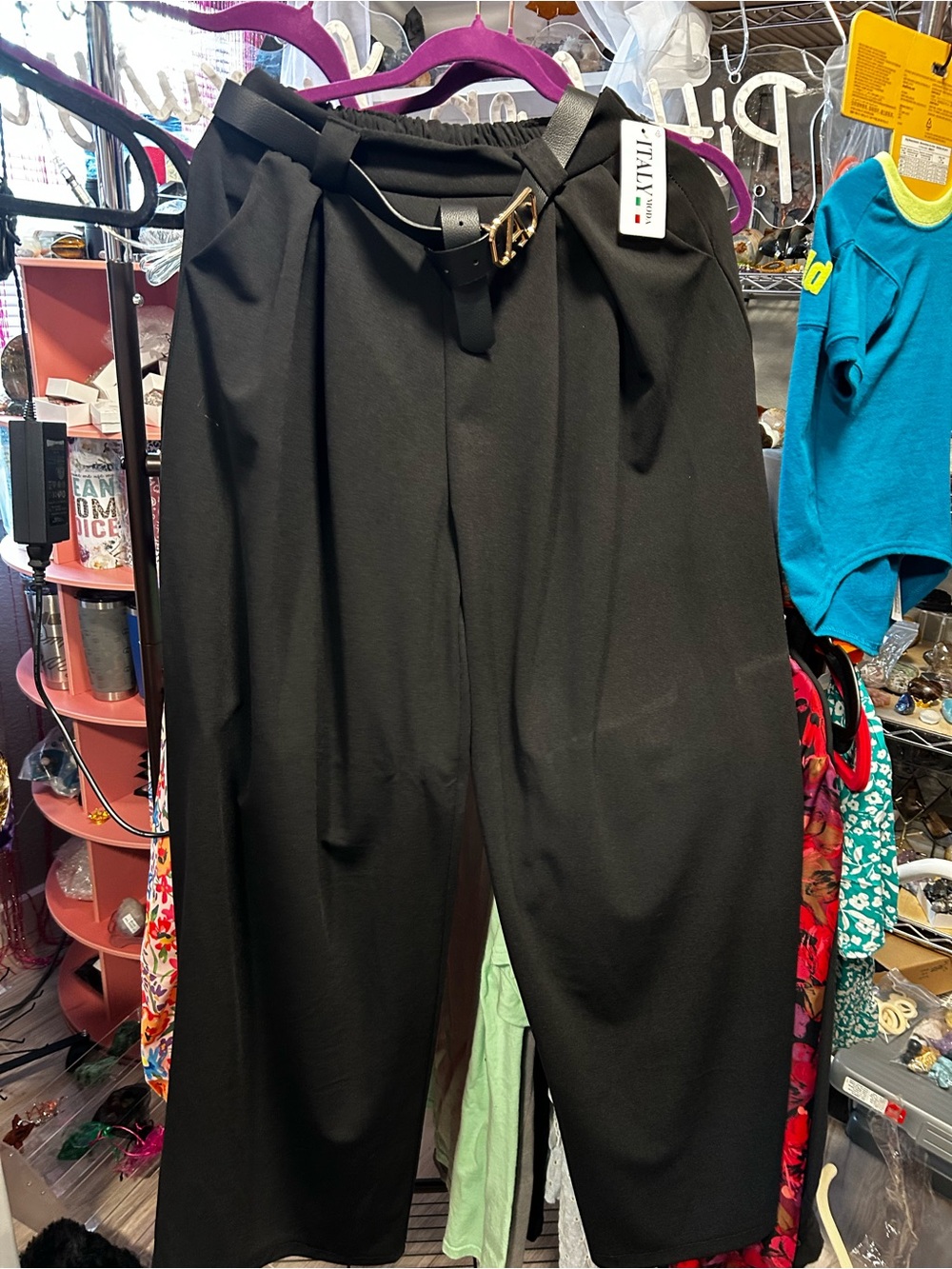 Wide Leg High-Waist Black Pants with Belt